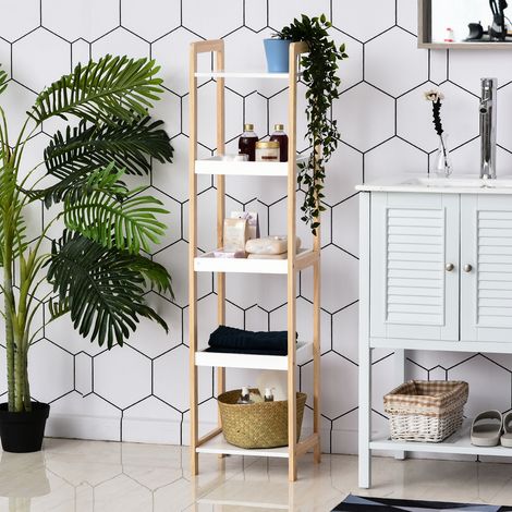 Étagère de salle de bain en bambou, étagère sur pied avec 3 paniers et 2 étagères, dimensions : 32 cm (L) x 30 cm (l) x 130 cm (H), beige/blanc (1/5)