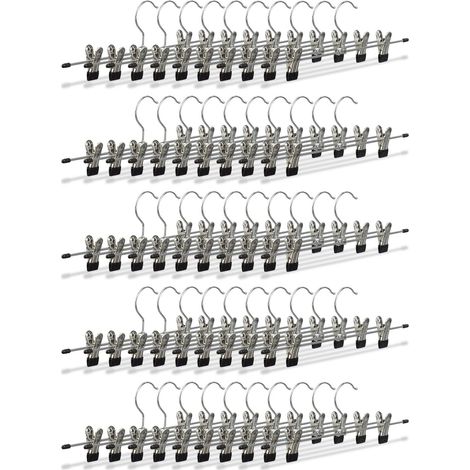 50x Cintres à pantalon en métal avec pinces caoutchouc pour jupes antidérapant HxlxP: 9 x 35,5 x 2,5 cm, argent/noir