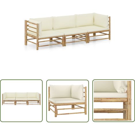 INLIFE Salon de jardin 3 pcs avec coussins blanc crème Bambou (1/5)