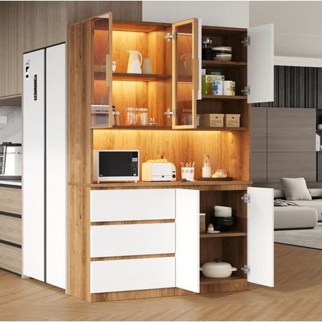 Buffet de cuisine vitré avec LED, 120,5x40x180 cm, 3 tiroirs, 6 portes, étagères, en verre et panneaux de particules (1/5)