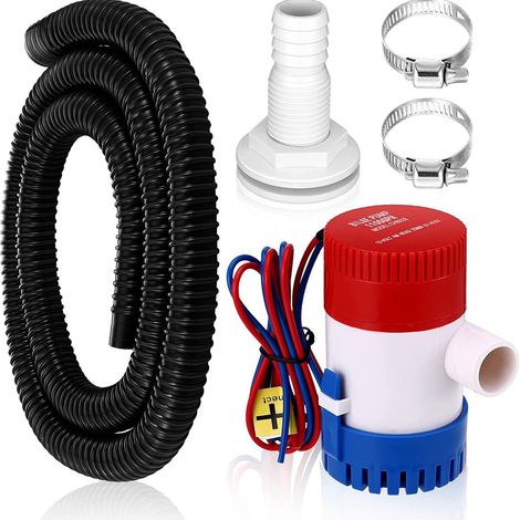 Pompe de cale 12V 1100GPH silencieuse avec tuyau φ29mm de 1,88M et 2 colliers de serrage, compatible caravane camping-car bateau de pêche petite piscine fontaine.