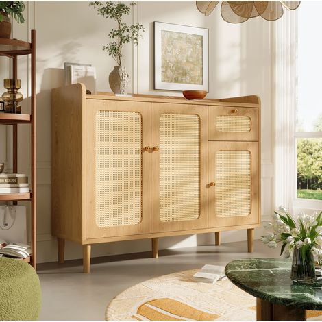 Credenza 120x40x91 cm con intreccio in rattan, 3 ante, 1 cassetto, ripiani regolabili, MDF effetto rovere, colore rovere (1/5)