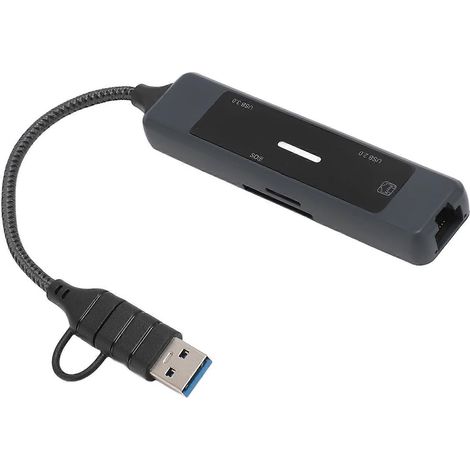 Hub USB 5 en 1 Type C : adaptateur compatible USB 3.0, USB 2.0, Ethernet 100 Mbps RJ45 et lecteur de cartes mémoire. (1/5)