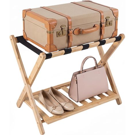 COSTWAY Porte-bagages Pliable en Bambou, Support pour Valise à 2 Niveaux (Naturel) (1/5)