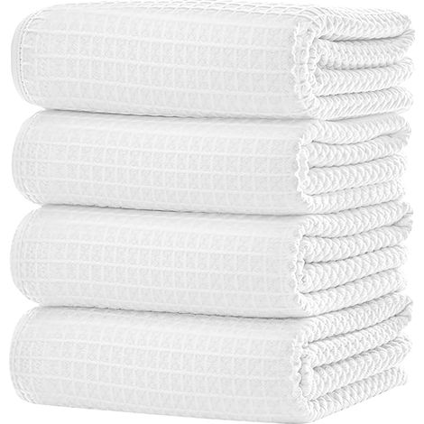 Torchons de Cuisine Microfibre 50 x 70 cm, Lot de 4 Essuie-Vaisselle Nid d'abeille, Ultra Absorbants, Séchage Rapide, Lavables, Doux et sans Peluches, Blanc