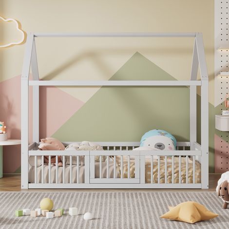 Lit cabane blanc 90x200 cm, lit double en bois massif avec porte, sommier plat (1/4)