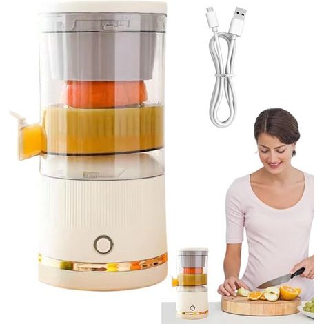 Spremiagrumi portatile senza fili color crema con coclea, sistema senza lame e componenti rimovibili per ottenere succhi di agrumi freschi. (1/5)