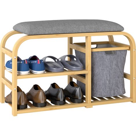Panca porta scarpe con cuscino di seduta, 2 ripiani a doghe e cestino scorrevole in tessuto, 70x30x45 cm, legno naturale.