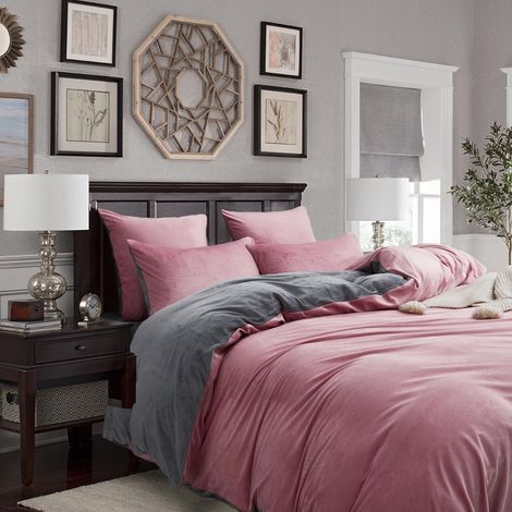 Parure de lit d'hiver en peluche chaude 220 x 200 cm - 3 pièces - Rose vieux rose et gris - Housse de couette cachemire flanelle polaire - Toucher moelleux et chaud - 1 housse de couette avec (1/5)