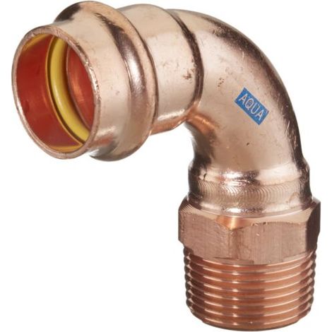 Raccord coudé en V HS AQUAGAS 15 mm x 1/2 pouce 4525015012 en cuivre, angle de 90°, filetage mâle, raccord à pression pour gaz et eau