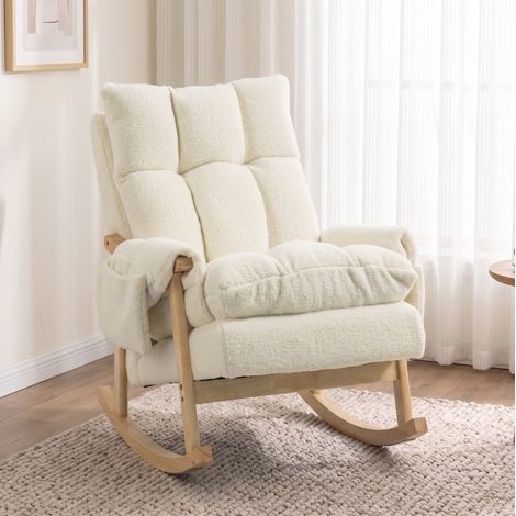 MODFU – Silla mecedora 105° de poliéster con bolsillos laterales, patas de madera y carga 120 kg – Crema (1/5)