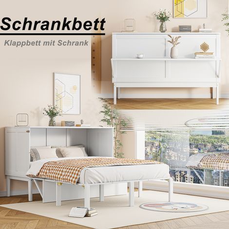 Lit escamotable vertical blanc 140x200 cm, sommier à lattes inclus, lit pliant rabattable pour chambre de jeune