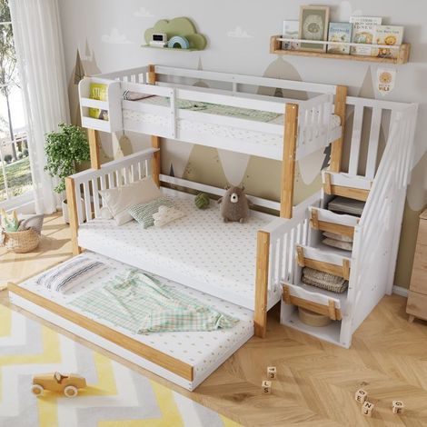 Lit superposé enfant 90x200 + 120x200 en pin blanc/naturel avec escalier d'angle et barrière - sans matelas (1/5)