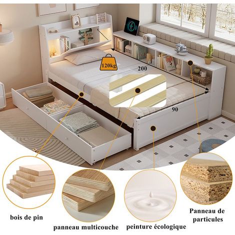 Lit simple - 90x200 cm - Tête de lit avec rangement - 2 lumières et prise de charge - Armoires latérales & 2 tiroirs