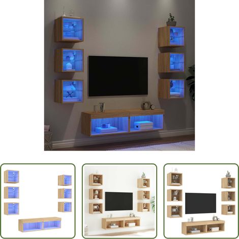 LED-Leuchten - 8-tlg. Wohnwand mit LED-Beleuchtung Sonoma-Eiche Holzwerkstoff (1/5)