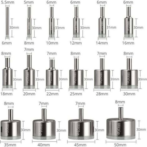 Forets diamantés - - Lot de 16 - Diamètre 6-50mm - Pour verre et céramique - Durable (1/4)