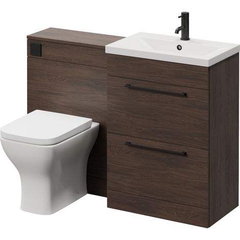 Napoli 390 Cento Brown Oak 1200mm 2 Drawer Vanity Unit Toilet Suite with Glide Basin - 1200mm - Matt Black 320mm HandleWith Kingston Toilet Pan and Seat