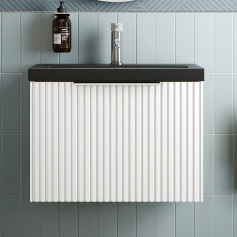Fluted 600mm Bathroom Vanity Unit Basin Wall Hung Cupboard Soft Close Matt White (1/5)