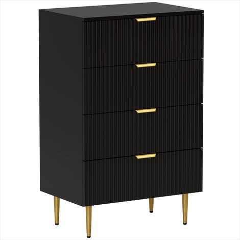 Commode noire en MDF à 4 tiroirs avec poignées dorées, rangement chambre, style moderne 60x40x96 cm (1/5)