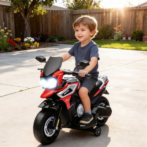 Tricycle à pédales pour enfants 18-36 mois, moto électrique rouge en plastique et acier, roues stabilisatrices, lumières et musique