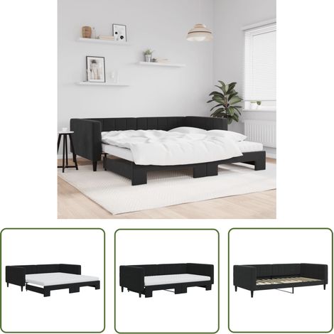 The Living Store Lit de jour avec lit gigogne et matelas noir 100x200 cm velours - Canapé Convertible - Lit Gigogne - Lit Deux Places - Meuble Multifonctionnel - Literie (1/5)