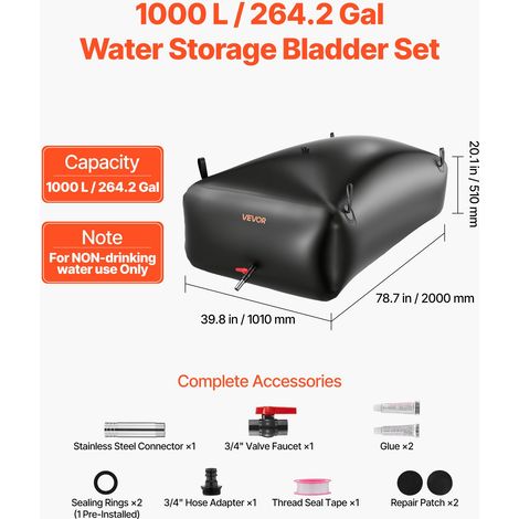 Réservoir d'Eau Souple 1000 L Vessie de Stockage Eau Pliable Sac Conteneur Eau PVC 1000D pour Irrigation de Jardin, Camping, Campin… (1/5)