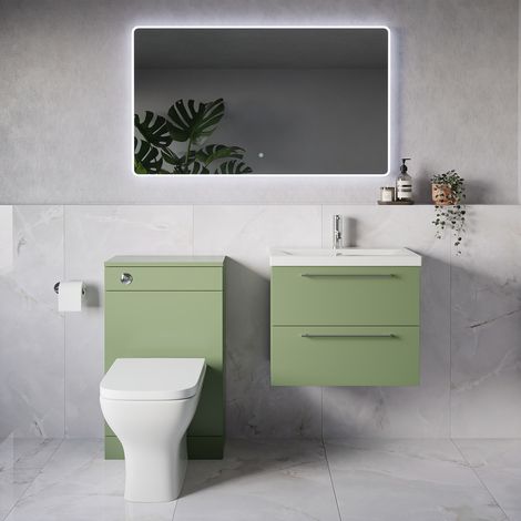 Napoli 390 Olive Green 1100mm Wall Mounted 2 Drawer Vanity Unit and Toilet Suite with Glide Basin - 1100mm - Chrome 320mm HandleWith Kingston Toilet Pan and Seat