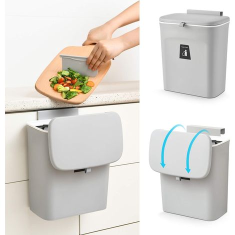 Poubelle suspendue pour porte de placard de cuisine, grise avec couvercle, petite poubelle (1/5)