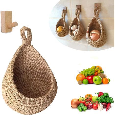 Cesti di frutta e verdura sospesi a muro, cesto di frutta o verdura intrecciato a mano in forma di goccia d'acqua in iuta, cesto da appendere per la cucina (altezza 14 cm, larghezza 13 cm) (1/5)