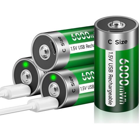 Piles C Rechargeables USB 6000mWh - 1,5 V/Lithium LR14 Piles Type C Rechargeable Haute Capacité Batterie avec Câble de Charge de Type C, 3 Heures de Charge Rapide (4Pcs) (1/5)