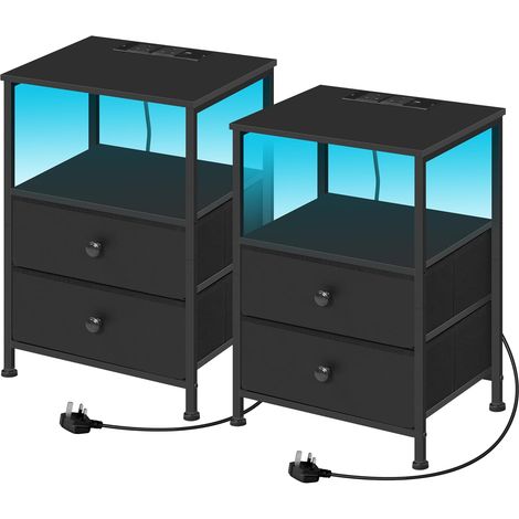 WOLTU 2x End Table with Charging Station, 2 Drawers Cabinet and 1 Open Shelf, Side Table for Living Room, Black