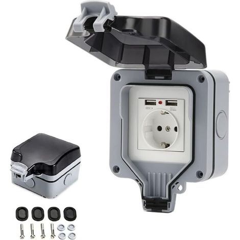 Prise Étanche IP66 avec Connexions USB Prise Électrique Extérieure avec Couvercle Boîtier de Prise Murale pour Jardin Garage Piscine (1/5)