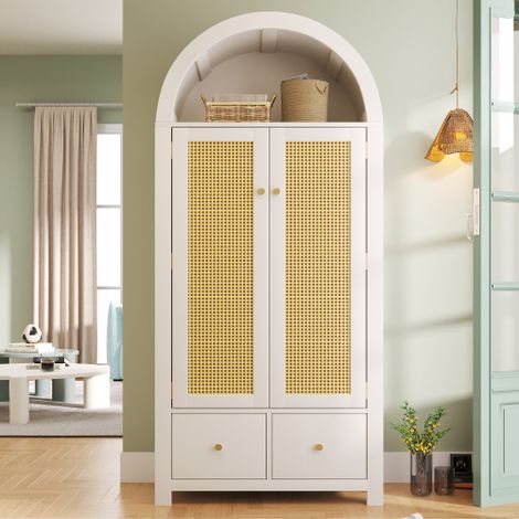 Armoire blanche 181x78x45 cm avec 2 tiroirs, 2 portes à fermeture magnétique, Armoire en rotin avec étagère, tringle et dispositif anti-basculement (1/5)