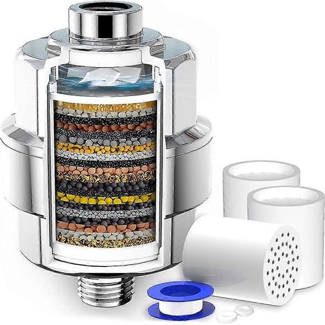 Filtre de douche à 20 étapes - Filtre pour pommeau de douche en eau dure, avec 3 cartouches filtrantes remplaçables et ventilateur (1/5)