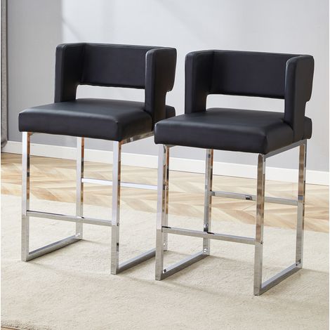 Sgabello da bar quadrato imbottito, schienale confortevole, gambe in metallo argento, PU nero argento (1/5)