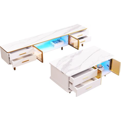 Ensemble mobilier TV et table basse moderne avec verre trempé marron et éclairage LED multicolore, cadre en alliage d'aluminium, poignées et pieds dorés (1/5)