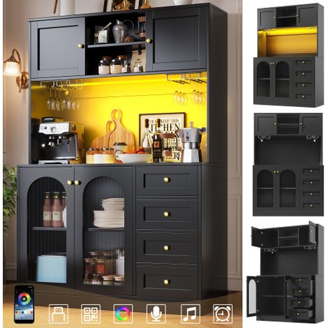 LUHOMFU - Buffet de cuisine avec éclairage LED connecté, meuble 4 portes avec verre cannelé, porte-bouteilles et rangements, grand plan de travail, style campagne, noir, 120×40×188 cm (1/5)