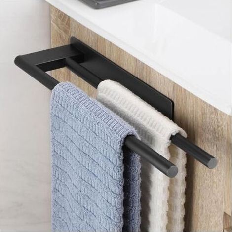 Porte-serviettes sans perçage, noir, barre porte-serviettes mate, salle de bain en acier inoxydable, porte-serviettes de bain, porte-serviettes autocollant, double, 39 cm (1/4)