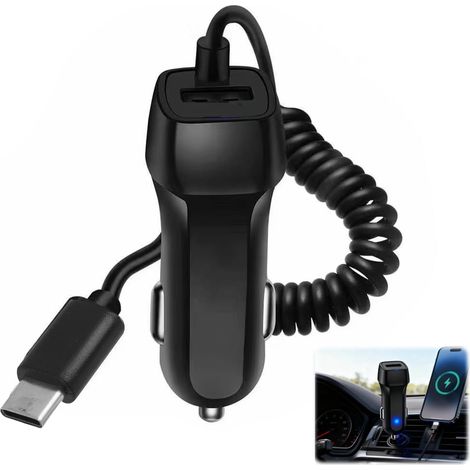 m USB-Autoladegerät, KFZ Typ-C Ladekabel, Universalladegerät mit 2 Anschlüssen, kompatibel mit iPhone 16, 16e, 15, 15 Pro und Pro Max, 3,1 A Schnellladung, Spiralkabel, Schwarz (1/5)