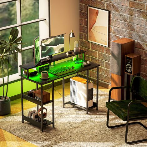 Bureau d'ordinateur réversible Ripiani, 120 x 50 cm, avec prises électriques et éclairage LED, table PC studio avec support pour deux écrans, noir (1/5)
