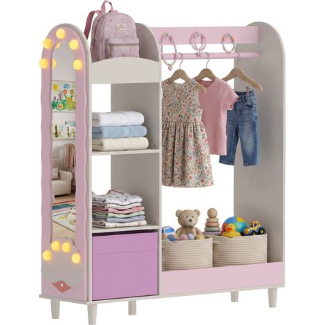 AIYAPLAY Kids Clothing Rack with Lights Mirror, Non-Woven Drawer for Age 3-8 (1/5)