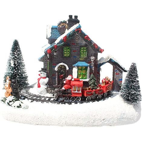 Guirnalda de luces LED multicolor, decoración navideña, pueblo con tren, figuras de resina, para interiores (1/5)