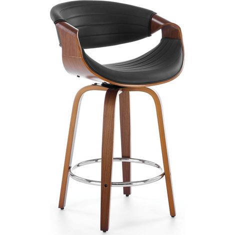 Chaise de bar design plaqué noyer et éco-cuir noir Aster (1/5)