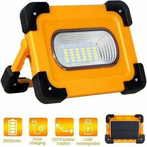 Projecteur LED Rechargeable, T-SUN 60W Lumière de Travail avec Pannea Solaire, Sécurité Imperméable lumières d'inondation portables, Batterie 9000mAh, Pour Le Camping, La Réparation De Voiture (1/5)