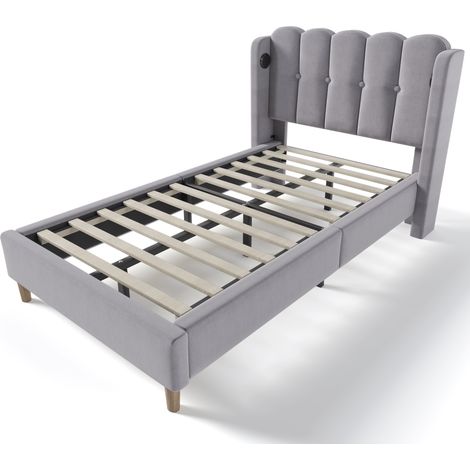 Lit rembourré simple avec fonction de charge USB Type C, cadre de lit avec sommier à lattes, lit rembourré gris, cadre de lit 90 x 200 cm, lit jeunesse pour chambre à coucher et chambre d'amis, matièr (1/5)