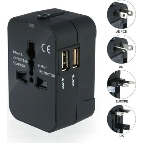 Chargeur Adaptateur de Voyage Universel, US EU UK AU avec 2 USB Ports pour Appareils Photo,Téléphones Portables,Tablette, iPad, (1/4)