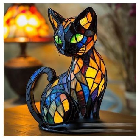 Katzenlampe, Katzen-Nachtlicht, Vintage-Katzenlampe aus Buntglas, handgefertigtes Tier-Nachtlicht für den Nachttisch, dekoratives, farbenfrohes LED-Nachtlicht für Dekoration und Schmuck