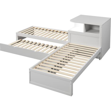 Lit plateforme en L 90x200 cm avec lit gigogne, rangement à portes coulissantes et éclairage nuit, blanc sans matelas (1/5)