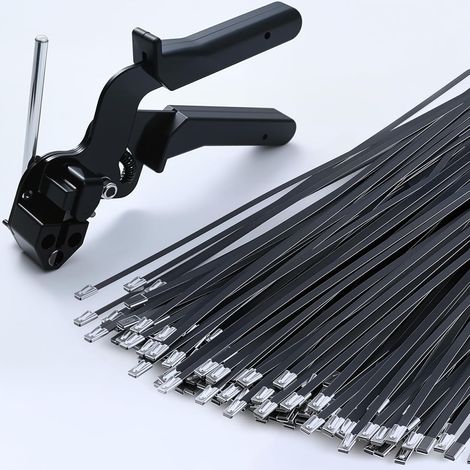 Black metal zip ties with stainless steel tie gun for fixing and cutting zip ties, UV-resistant steel, 100 pieces