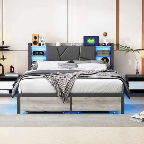 Lit en Fer 160x200 cm avec Sommier Métal, Cadre de Lit 160x200 cm avec LED et prises USB, Lit Adulte Tête de Lit avec Compartiment de rangement, PU (1/5)
